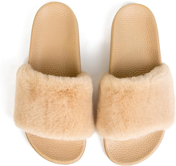 Spesoul Womens Furry Slippers Open Toe Indoor Outdoor House Casual Flat Slides Sandals | Amazon (US)