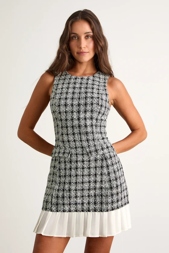 Moroni Black Tweed Pleated Hem Mini Dress | Lulus