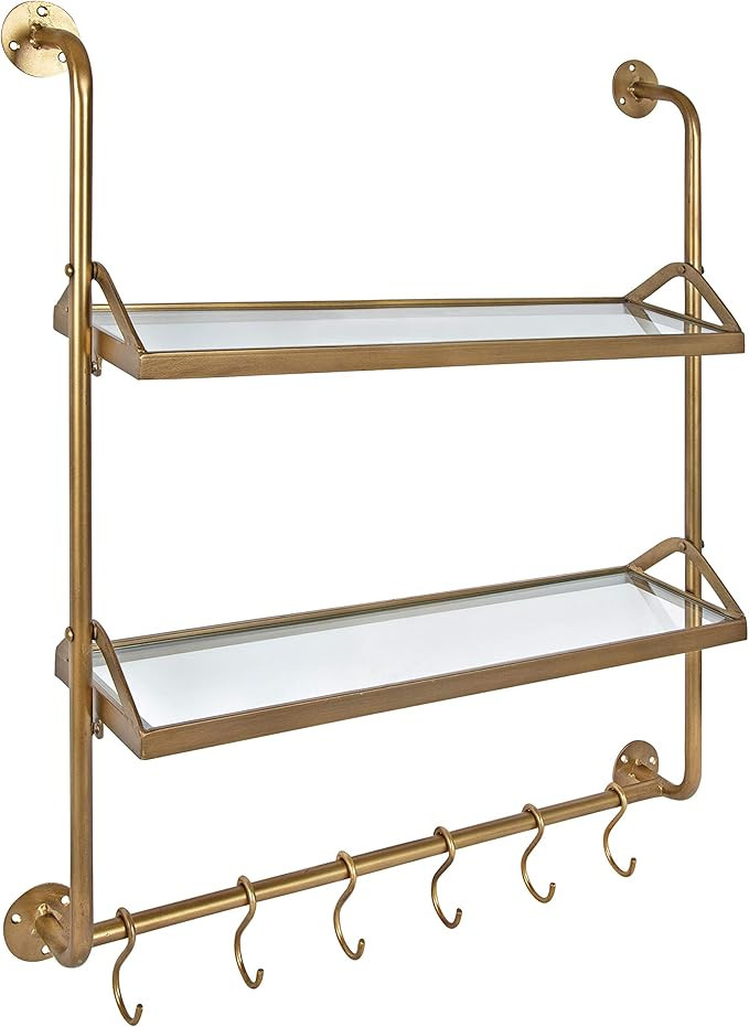 Kate and Laurel Marit Modern Industrial Wall Shelf with Metal Pipe Supports and Glass Shelves, Go... | Amazon (US)
