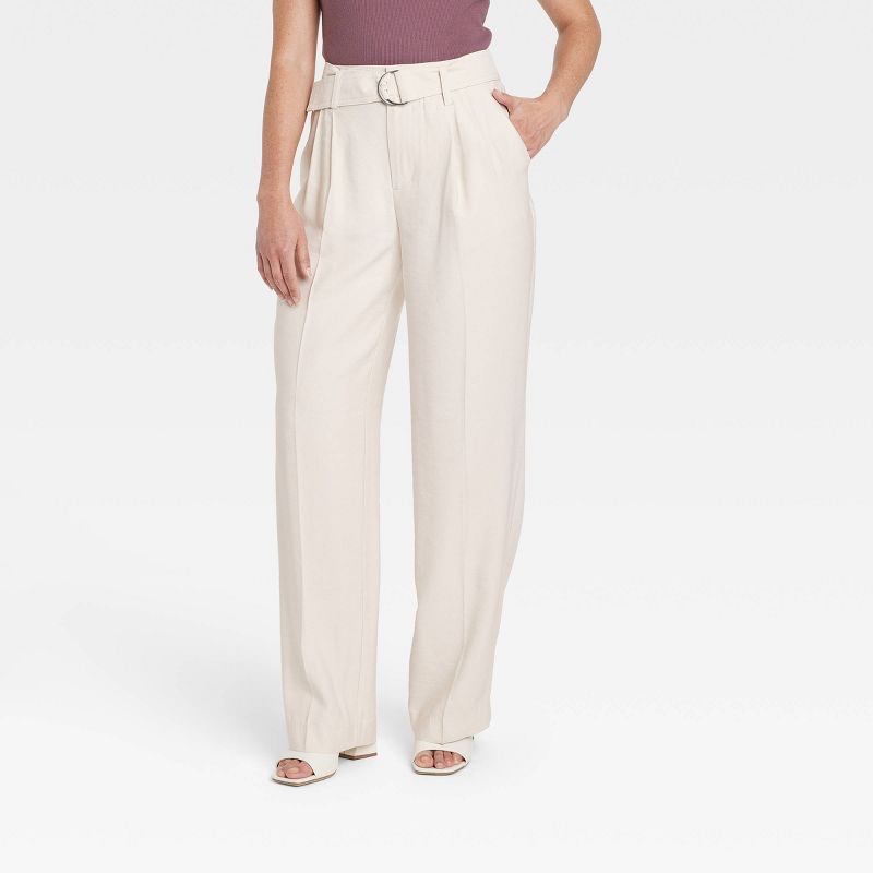 Women&#39;s High-Rise Relaxed Fit Straight Belted Trousers - A New Day&#8482; Cream 14 | Target