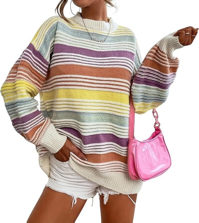 CHARTOU Women Contrast Striped Pullover Sweater 2025 Fall Outfits Oversized Knit Jumper Tops | Amazon (US)