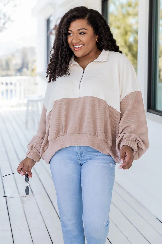 Love Me Or Not Beige And Cream Colorblock Quarter Zip Pullover FINAL SALE | Pink Lily