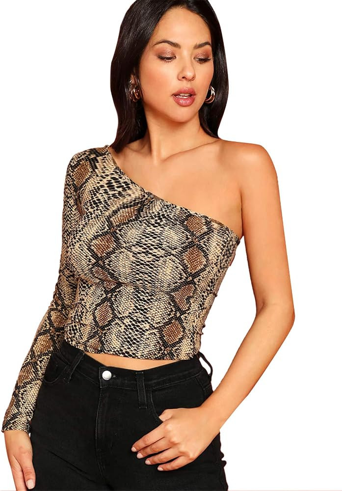 SweatyRocks Women's Cutout Waist Long Sleeve One Shoulder Crop Top T Shirt | Amazon (US)