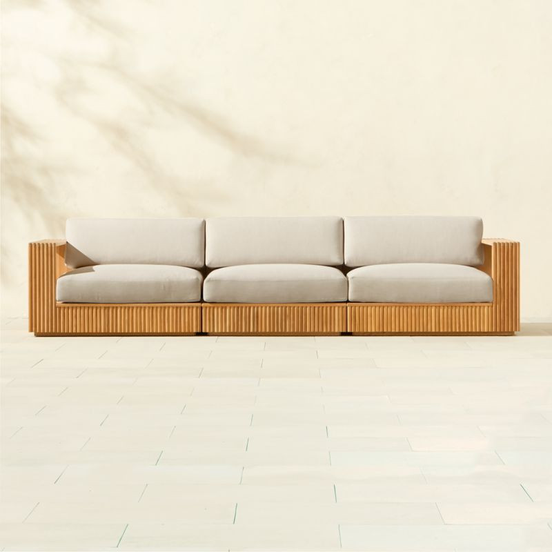 Topia 3-Piece Teak Outdoor Sectional Sofa with White Sunbrella Cushions | CB2 | CB2