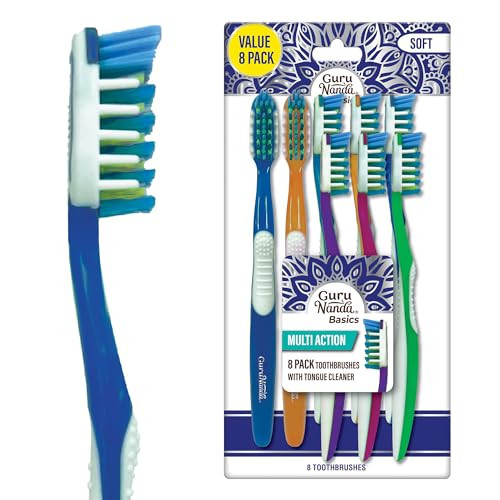 GuruNanda Multi-Action Toothbrush with Tongue Cleaner - Soft Bristles for Sensitive Teeth & Gums - Assorted Colors, Pack of 8 | Amazon (US)