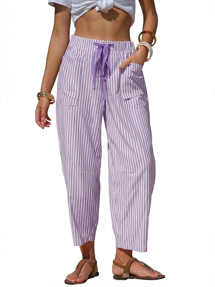 EXLURA Womens Summer Faux Linen Striped Barrel Pants Comfy Drawstring Capri Pant with Pockets Bea... | Amazon (US)