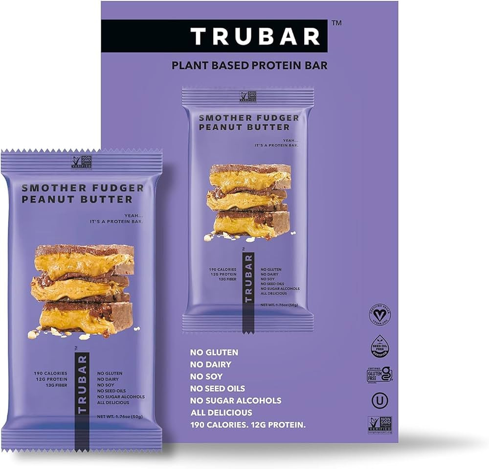 TRUBAR Vegan Protein Bar, Smother Fudger Peanut Butter, Gluten Free, Plant Based, High Fiber, Dai... | Amazon (US)