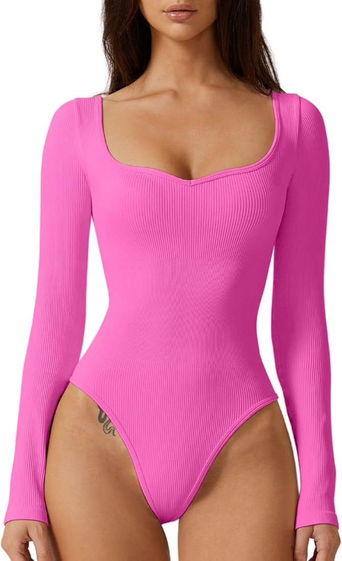 Meyeeka Women's Sweetheart Neck Bodysuit Long Sleeve Seamless Shirt Basic Stretch Tops | Amazon (US)