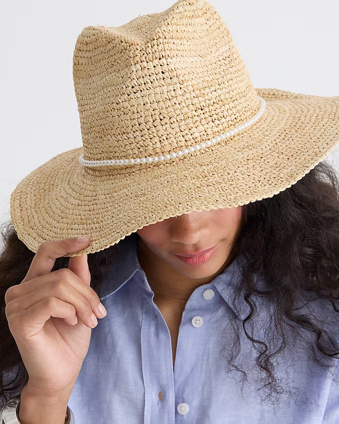 Wide-brim packable straw hat with pearls | J. Crew US