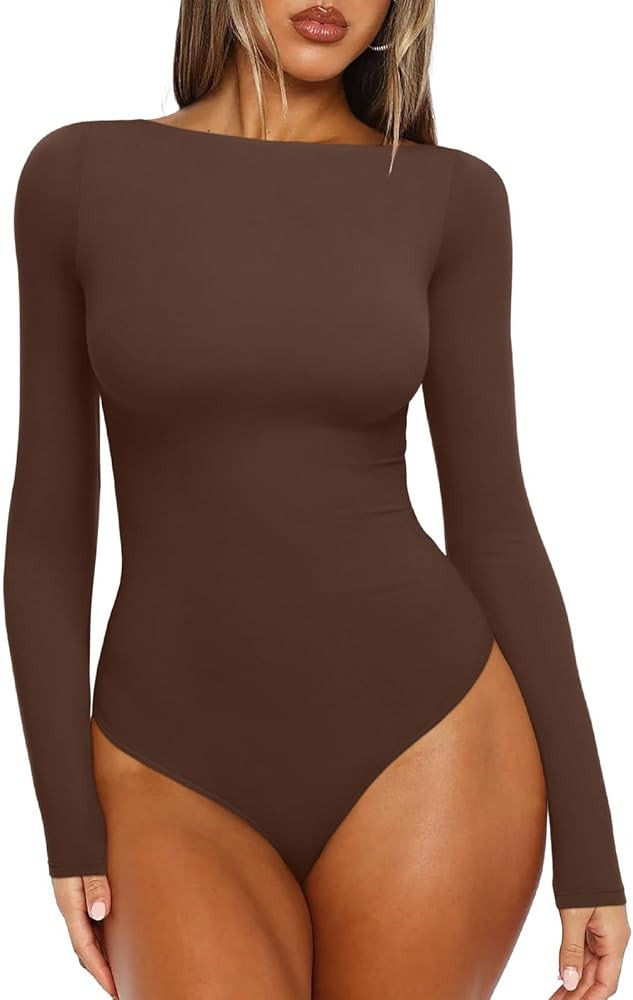 REORIA Women's Boat Neck Long Sleeve Bodysuit Basic Going Out Body Suits Tops 2025 | Amazon (US)