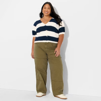 Women's Puff Short Sleeve V-Neck Cardigan - Wild Fable™ Navy Blue Striped 1X | Target