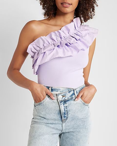 Poplin Ruffle One Shoulder Thong Bodysuit | Express