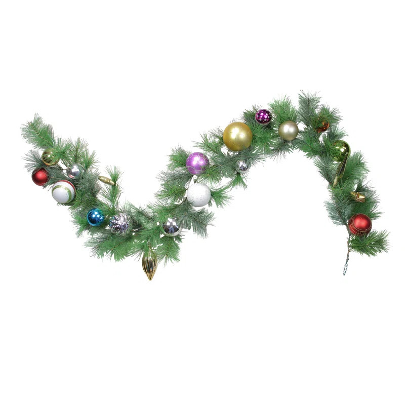 6' x 9" Multi-Colored Ornament and Long Needle Pine Artificial Christmas Garland Unlit | Wayfair North America