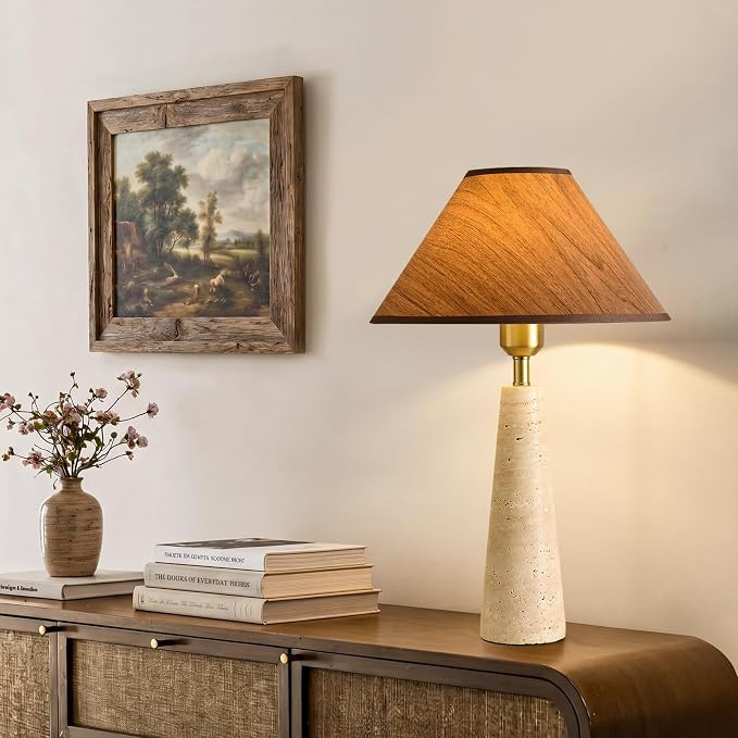 Stone Lamp, Dimmable Brass Travertine Table Lamp 18.9" with Faux Wood Shade, Wabi-Sabi Rustic Lig... | Amazon (US)