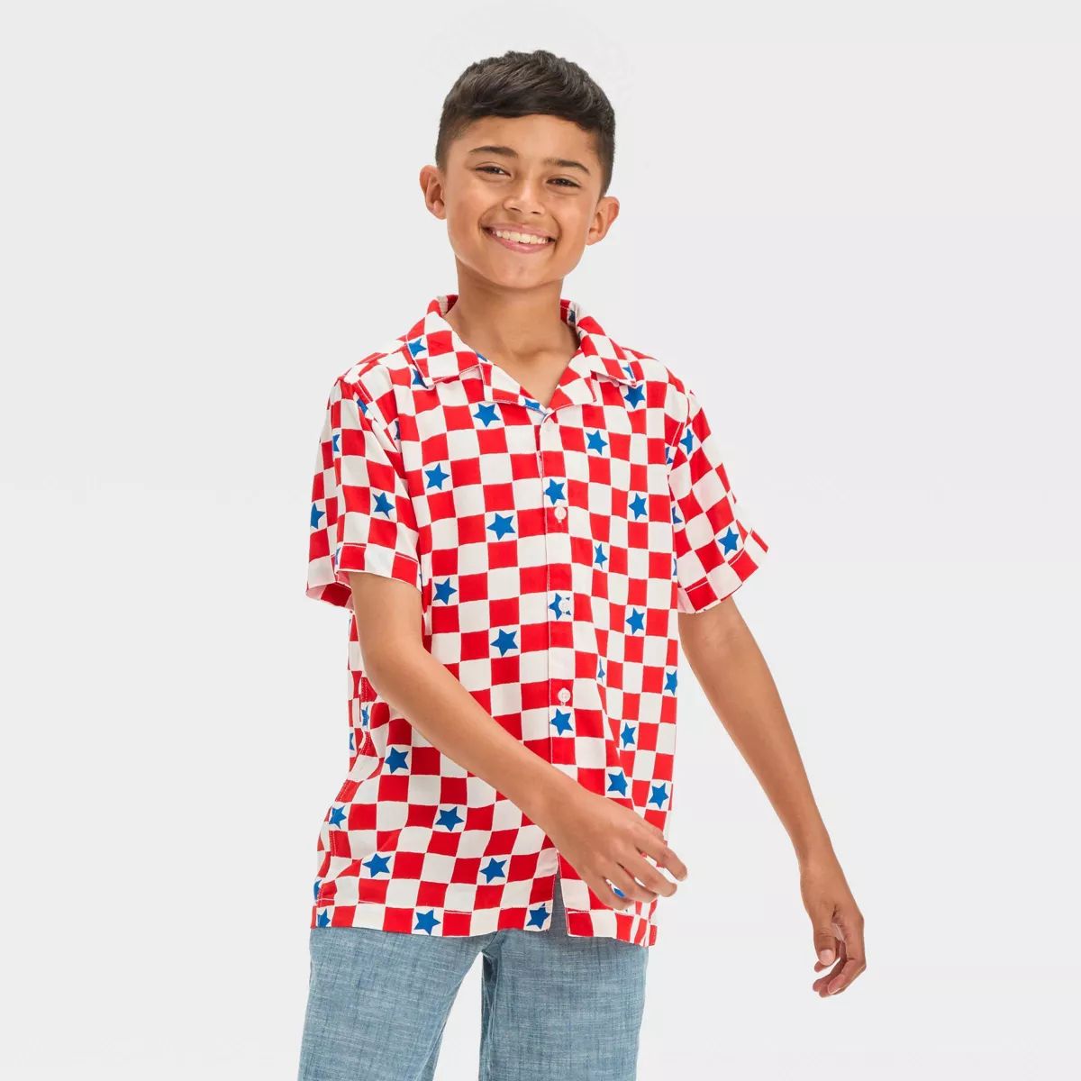 Boys' Short Sleeve Americana Checkerboard Button-Down Shirt - Cat & Jack™ Red | Target