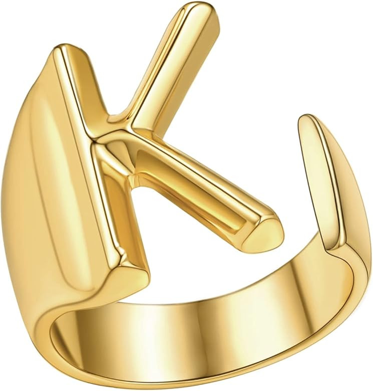 FindChic Customizable Initial Ring Statement 18K Gold Plated Fashion Cuff Rings for Women Alphabet L | Amazon (US)