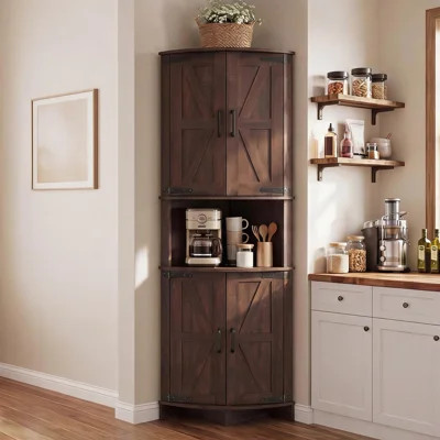 64.8" Tall Corner Cabinet with Doors, Brown Farmhouse Corner Storage Cabinet for Bathroom & Kitchen, Freestanding Corner Pantry Cabinet with Adjustabl | Wayfair North America