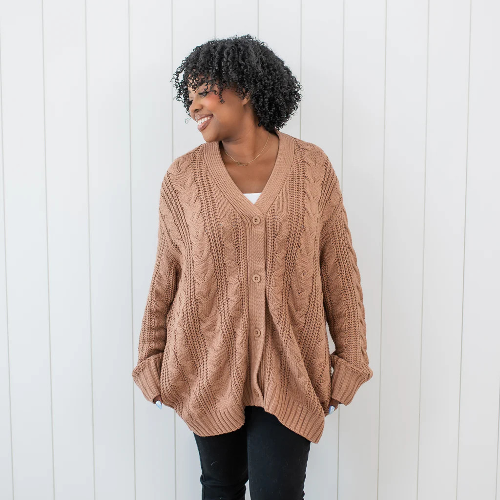 Cable Knit Adult Cardigan in Latte | Kyte Baby