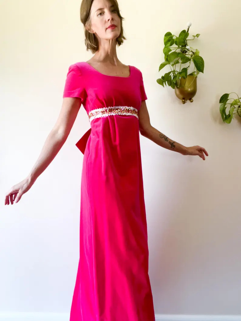 60s Vintage Pink Velvet Maxi Dress / Vintage Cocktail Hostess Dress / Sequin Empire Waist / Big B... | Etsy (US)