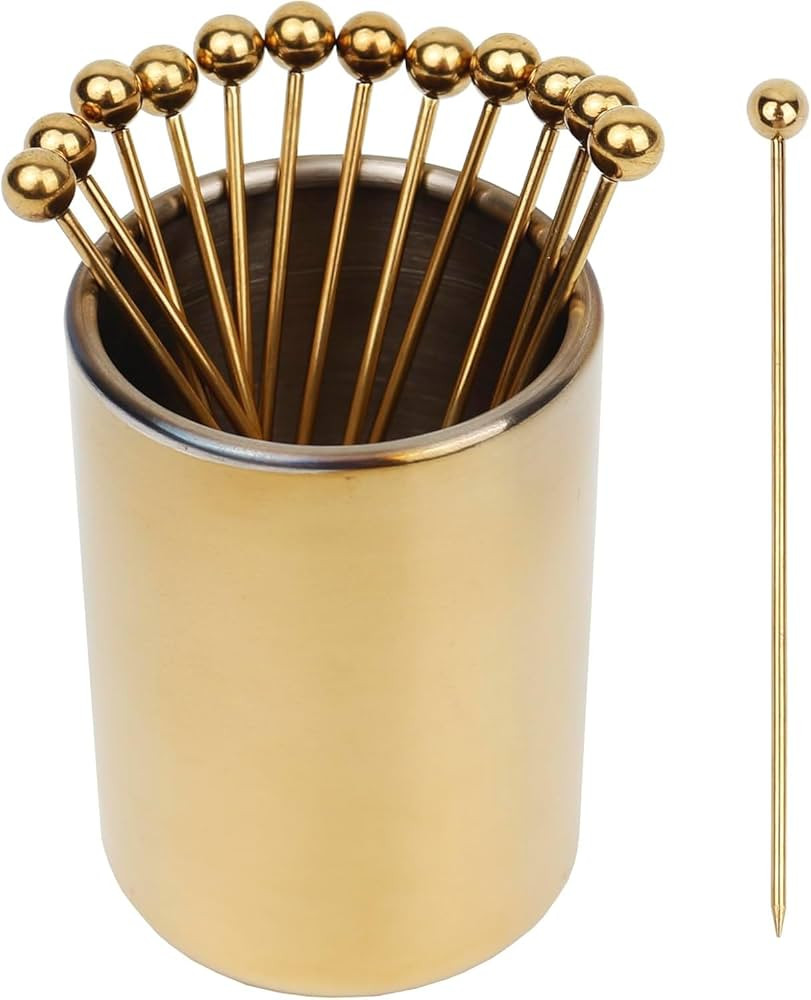 Lexenic 4.3" Gold Metal Cocktail Picks 12Pack+Holder Kit,Premium 304 Stainless Steel Reusable App... | Amazon (US)
