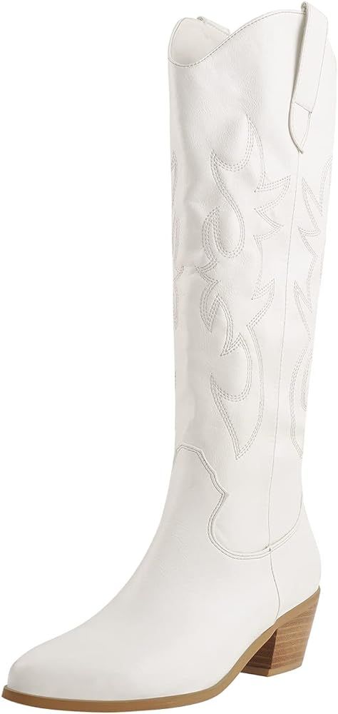 Womens Cowgirl Boots Western Embroidered Knee High Pull on Tall Wide Calf Knee High Boots Autumn Wes | Amazon (US)