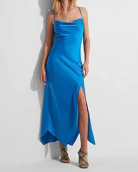 Conscious Edit Satin Cowl Neck Asymmetrical Hem Maxi Slip Dress | Express