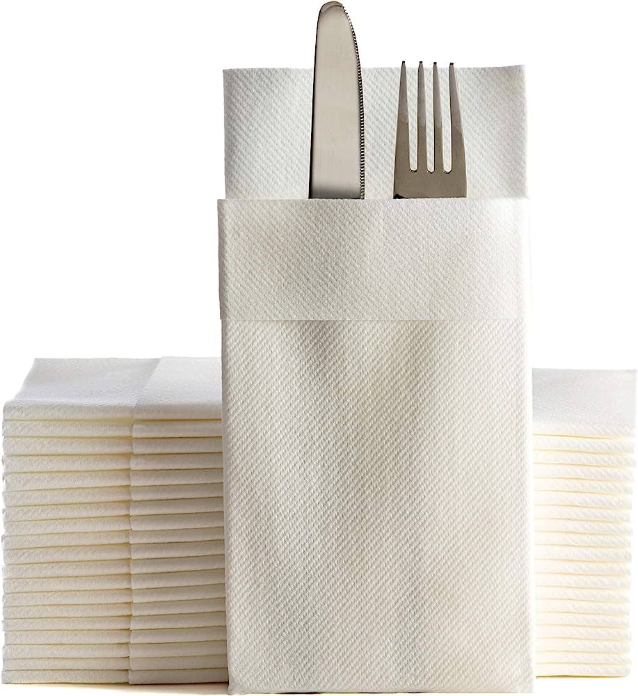 White Dinner Napkins Cloth Like with Built-in Flatware Pocket, Linen-Feel Absorbent Disposable Pa... | Amazon (US)