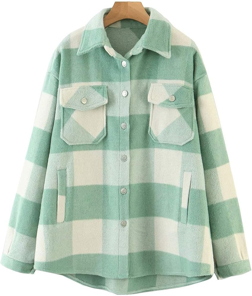 Haellun Womens Brushed Flannel Plaid Lapel Wool Blend Pea Coat Button Down Shirts Shackets | Amazon (US)