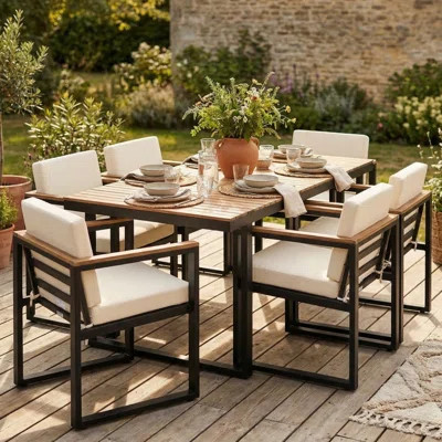 7 Pieces Outdoor Dining Set Patio Dining Table and Chair Set with and Removable Cushions for Patio, Backyard | Wayfair North America