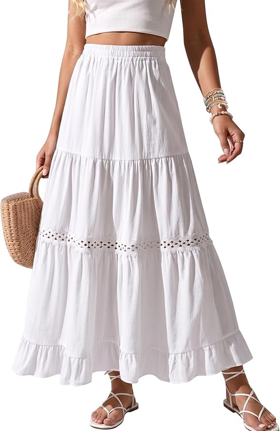 Womens Long Maxi Cotton Summer Boho Tiered A Line Skirts | Elastic High Waist,Lace Crocet,Flowy P... | Amazon (US)