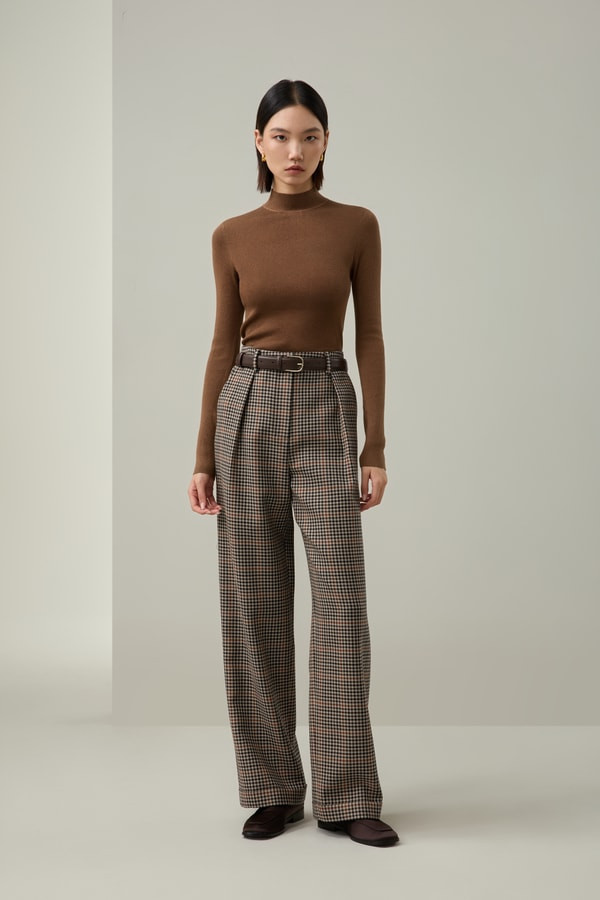 Wool-Silk Shepherd's Check Straight-Leg Pants | LILYSILK