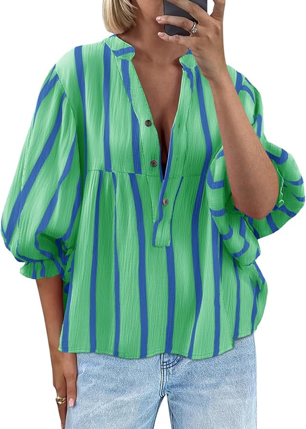 Tankaneo Womens Puff Sleeve Babydoll Tops Summer V Neck Striped Blouse Cute Casual Loose Fit Flow... | Amazon (US)