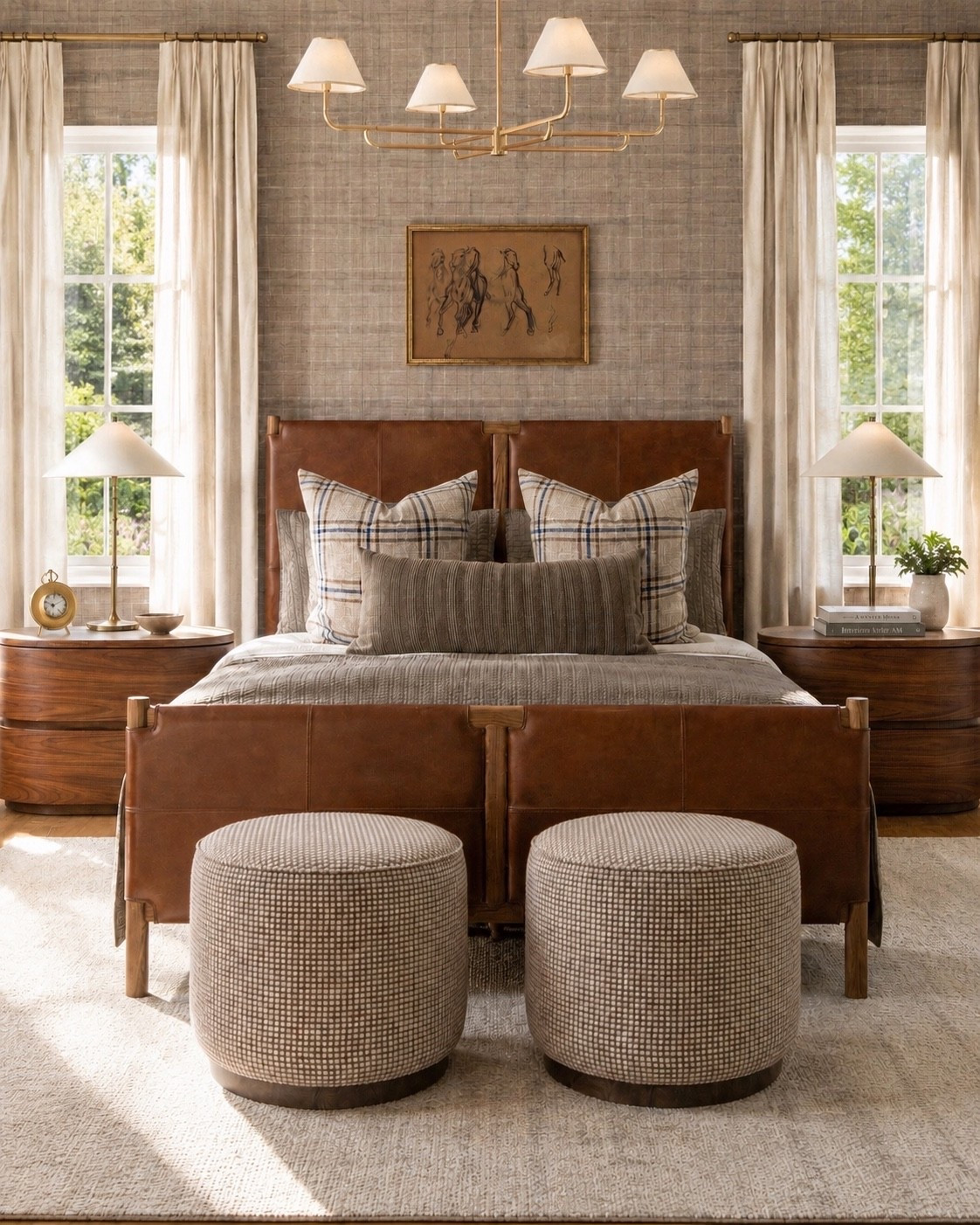 A classic bedroom layered in rich browns and texture 
 
#bedroom #bed #arearug #wallpaper