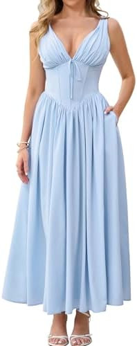 GLNEGE Women's Summer Corset Midi Milkmaid Dress Casual V Neck Flowy A Line Sundress Wedding Gues... | Amazon (US)