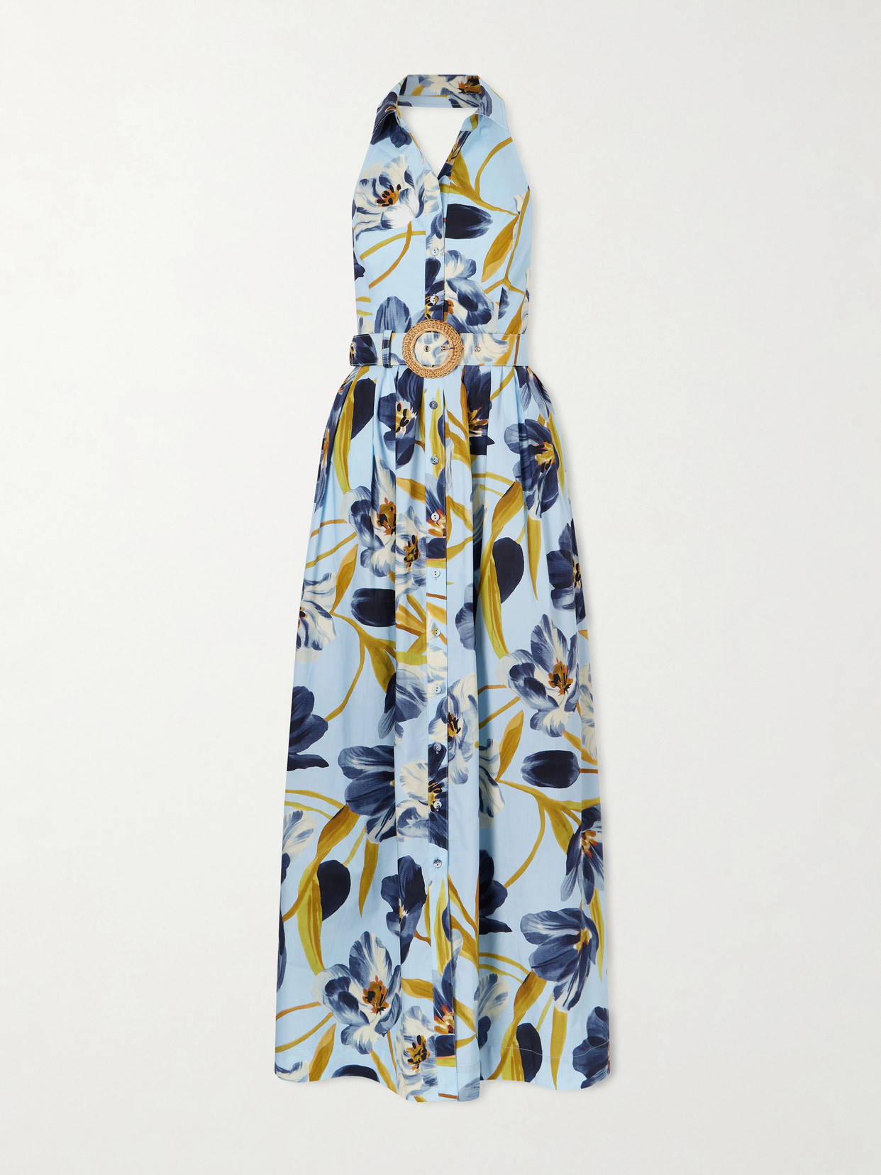 Cara Cara - Quentin Belted Pleated Floral-print Cotton-poplin Halterneck Maxi Dress - Blue | NET-A-PORTER (US)