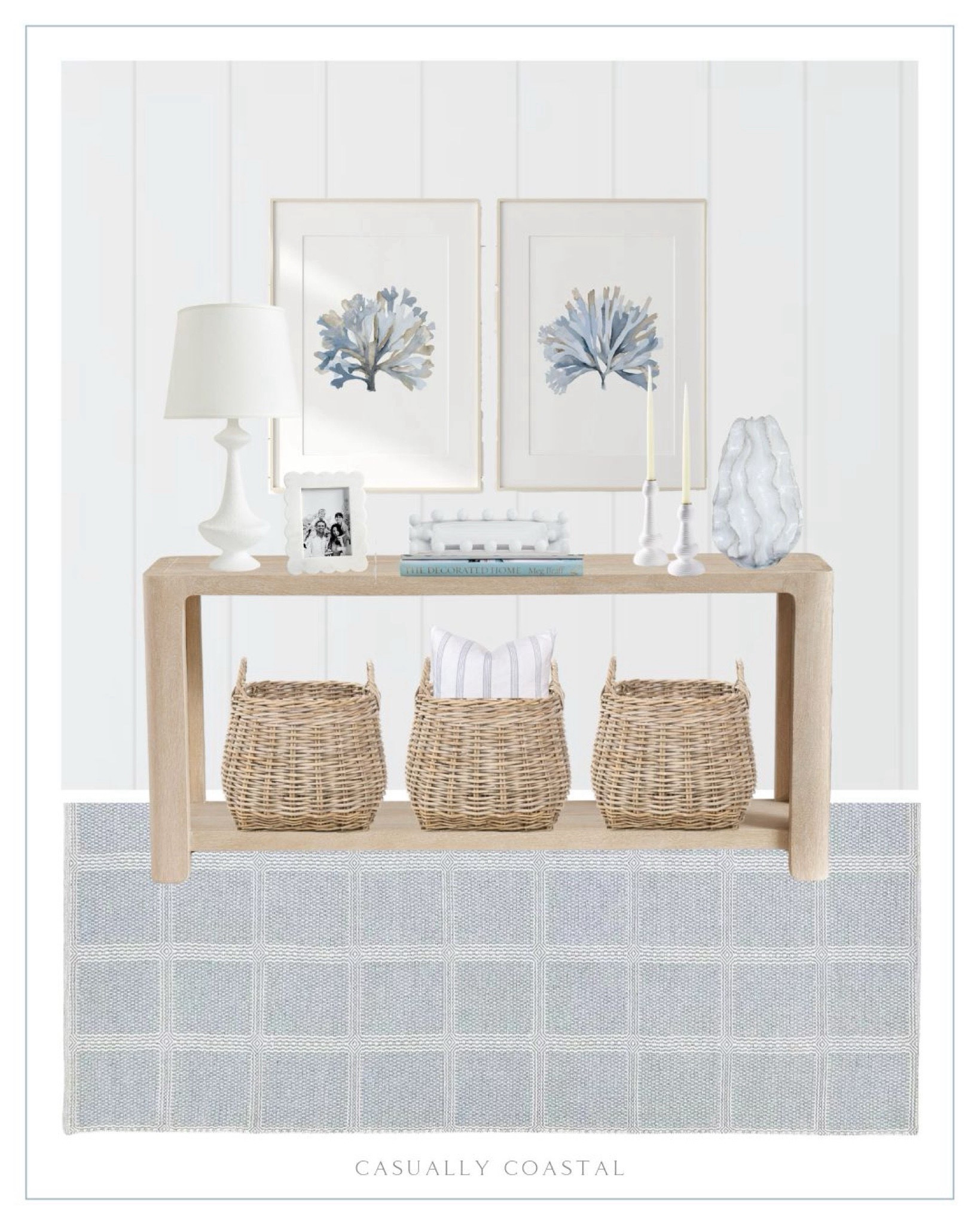 Entryway inspiration for your coastal home! 
----- 
Coastal home decor, coastal home inspiration, entry way inspo, neutral home decor, coastal style, coastal entryway, beach house decor, beach home style, coastal rug, coastal console table, light wood console table, entryway table, coastal sideboard, coastal artwork, coastal wall art, coastal interiors, coastal lamp, white lamps, console table decor, blue and white rug, blue runner, Serena & Lily rug, entryway rug, Pottery Barn console table, light wood console table, beach house decor, beach house furniture, coastal basket, white table lamp, console table styling, ceramic ruffle vase, blue seaweed art, coral artwork, coastal wall decor, Nantucket stripe pillow cover, Etsy pillows, coastal pillows, Mud Pie nested everything tray, entryway decor, coastal tray, rattan taper holder, kittery rug, coastal blue rug, scalloped marble frame, white frame, amazon picture frames, Surf Shack book, Amazon coffee table books, candle holders, neutral home decor

#LTKFindsUnder50 #LTKFindsUnder100 

#LTKHome