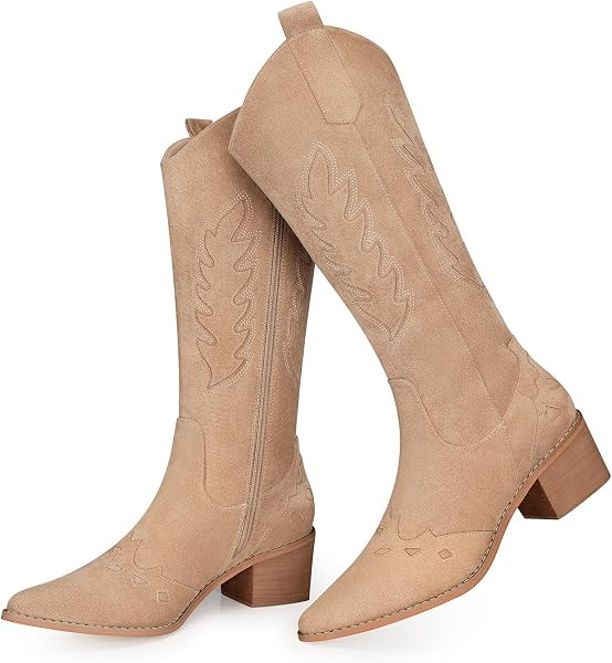SHIBEVER Suede Knee High Cowboy Boots for Women Comfortable Tall Cowgirl Boots Zipper Low Heel Fa... | Amazon (US)