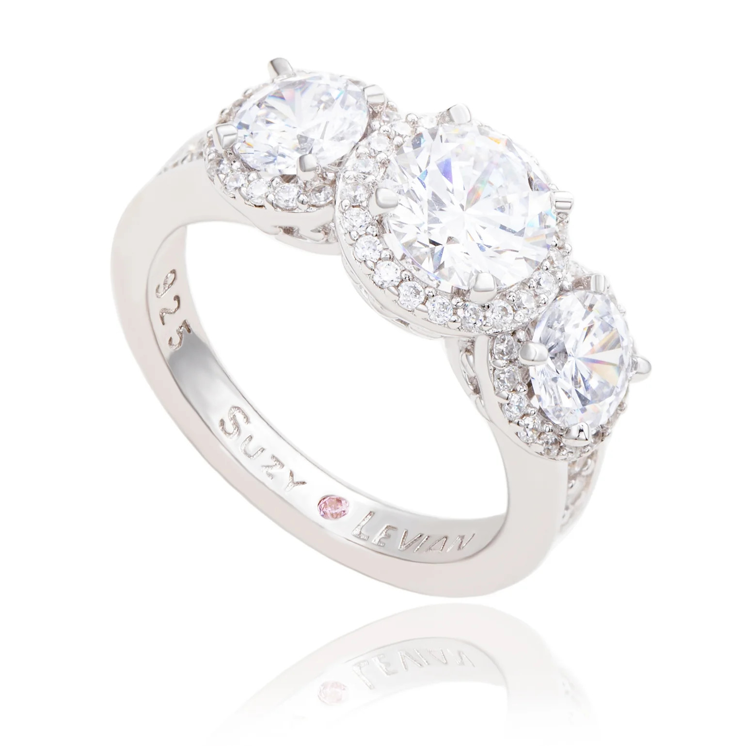 Suzy Levian Sterling Silver Cubic Zirconia White Three Stones Halo Eng | SUZY LEVIAN