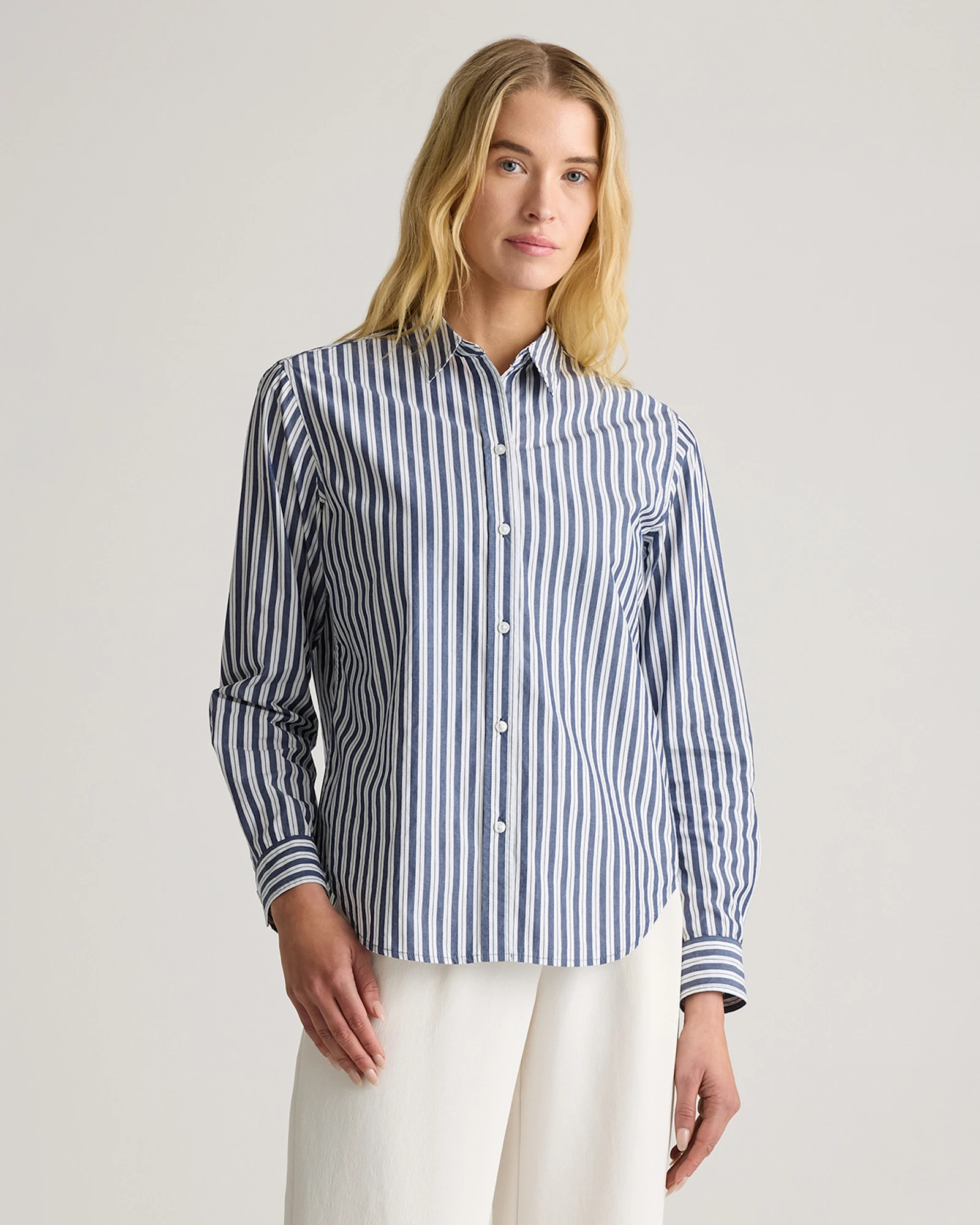 100% Organic Cotton Poplin Long Sleeve Shirt   in Delta Blue Double Stripe | Quince