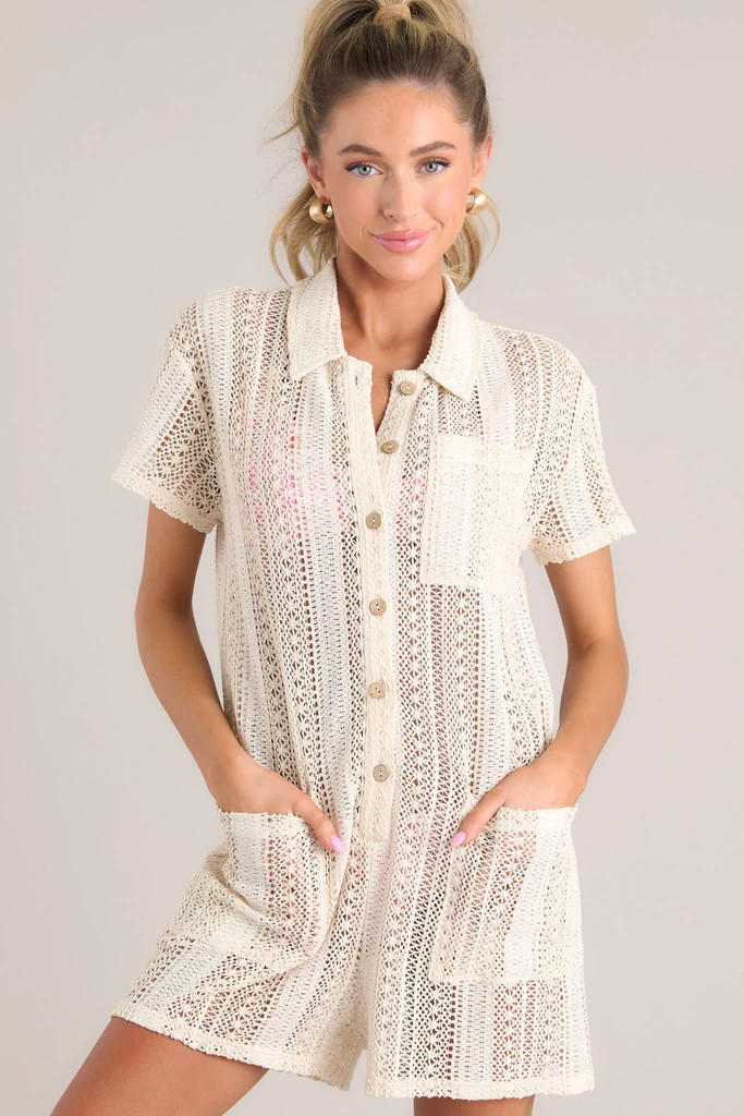 Beachside Romance Natural Open Knit Cover Up Romper | Red Dress