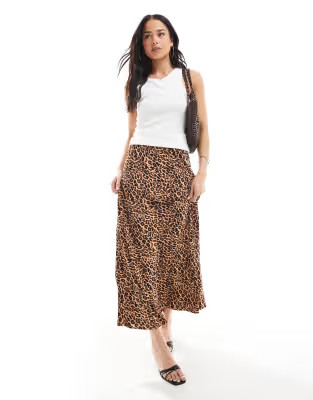 Pieces matte satin midi skirt in leopard print | ASOS | ASOS (Global)