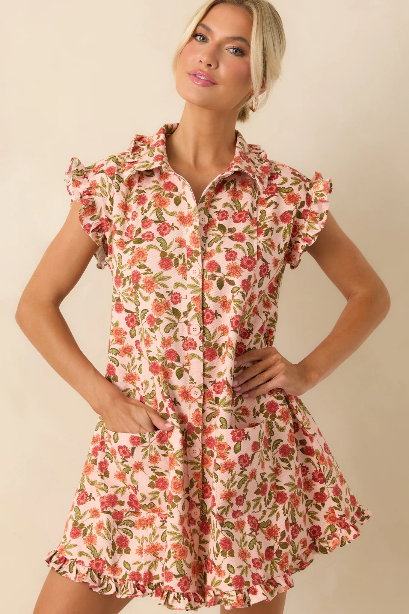Saved By The Bell Light Pink Floral Button Front Cotton Denim Mini Dress | Red Dress