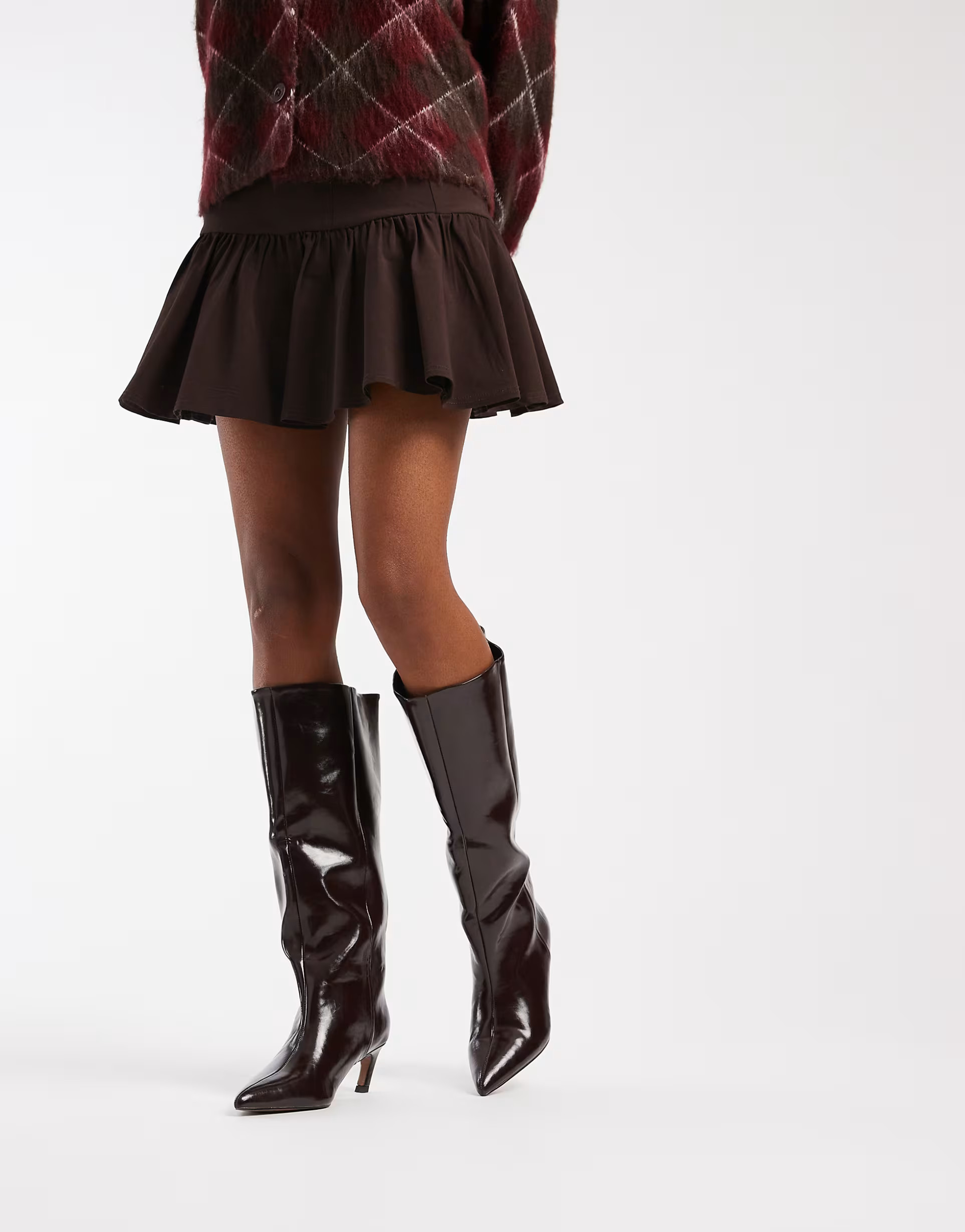 ASOS DESIGN Carmel pull-on kitten heeled knee boots in burgundy | ASOS | ASOS (Global)