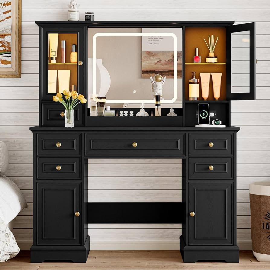 Vanity Desk with HD Lighted Mirror & Power Outlet, Farmhouse Makeup Vanity Table Set with Storage... | Amazon (US)