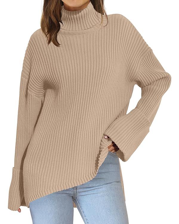 MEROKEETY Womens Long Sleeve Turtleneck Rib Knit Pullover Sweater Oversized Asymmetrica... | Amazon (US)
