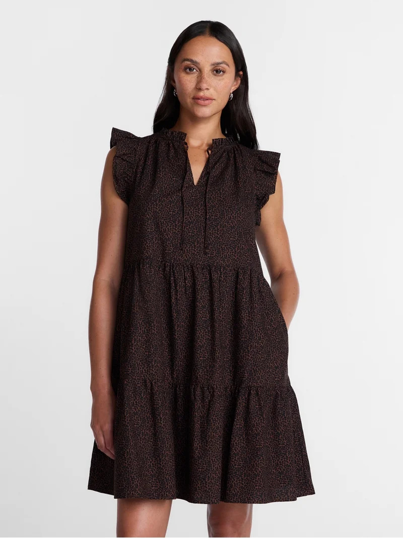 Time and Tru Women's and Women's Plus Tiered Cotton Mini Dress with Flutter Sleeves, Sizes XS-4X | Walmart (US)