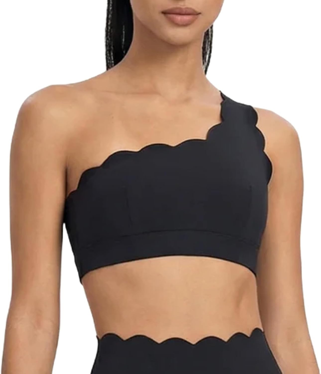 One Shoulder Scalloped Edge Sports Bra for Women, Padded Medium Support Soft Sculpt Crop Top for Pilates & Daily Workout | Amazon (US)