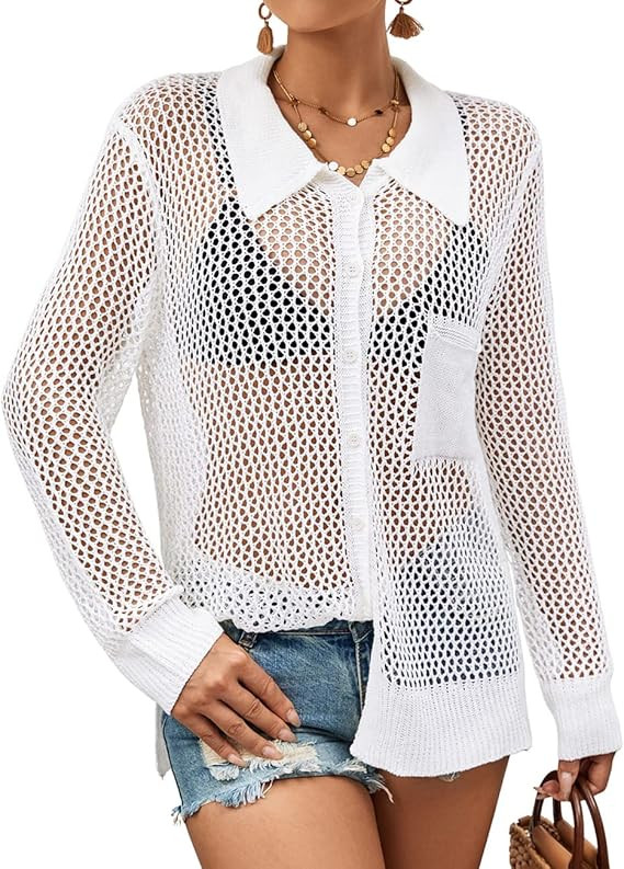 Bsubseach Women Crochet Swimsuit Cover Up Long Sleeve Knit Bikini Bathing Suit Cover Ups Beach Bl... | Amazon (US)