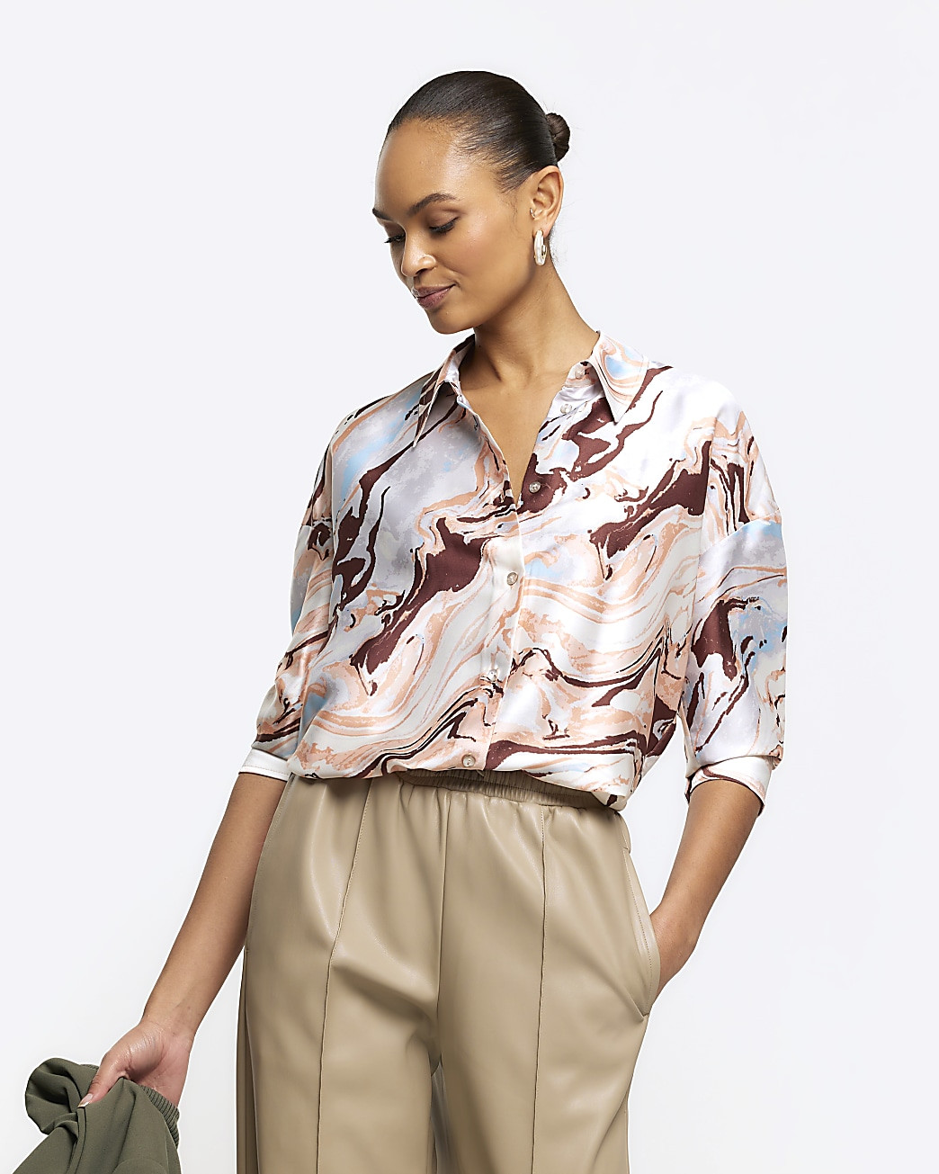 Beige satin marble print shirt | River Island (UK & IE)