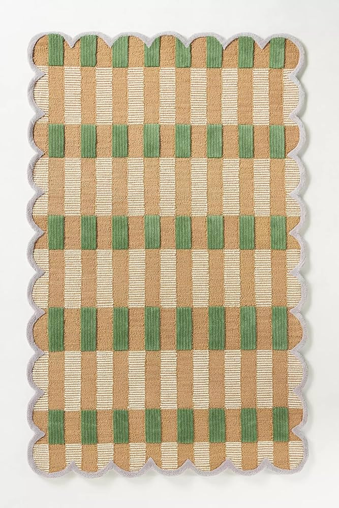 Hand-Tufted Wool Area Rug with Scalloped Edges, Beige and Green Plaid Pattern, Cozy and Soft Acce... | Amazon (US)
